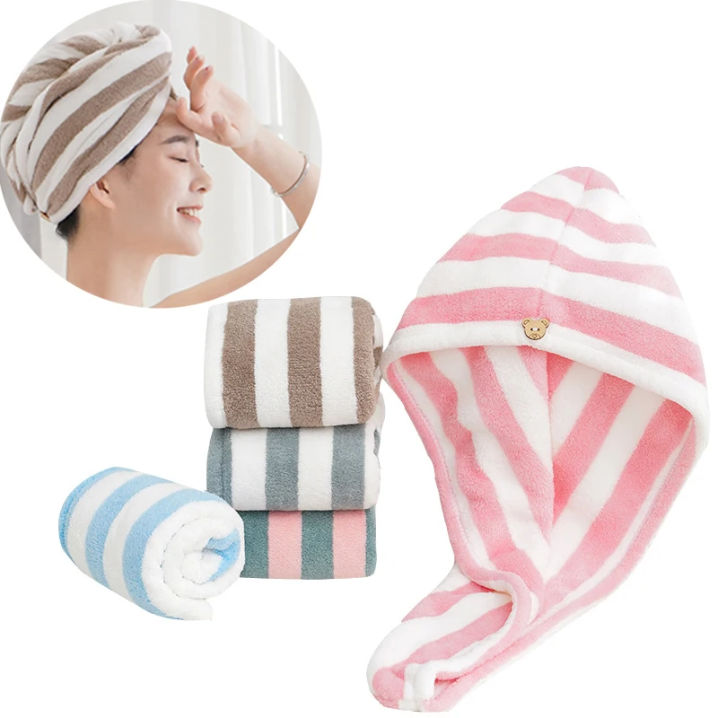 

Полотенце-шапочка для быстрой сушки длинных волос из микрофибры, мягкое, для женщин, полосатое, аксессуар для душа