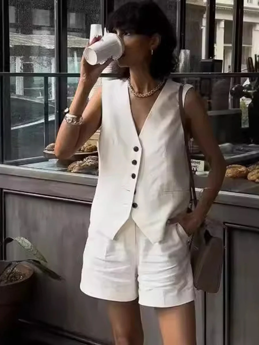 

Summer New Vest Two-piece Set Women V Neck Single Breasted Sleeveless Waistcoat+Short Suits Simple Casual Fashion Shorts Sets
