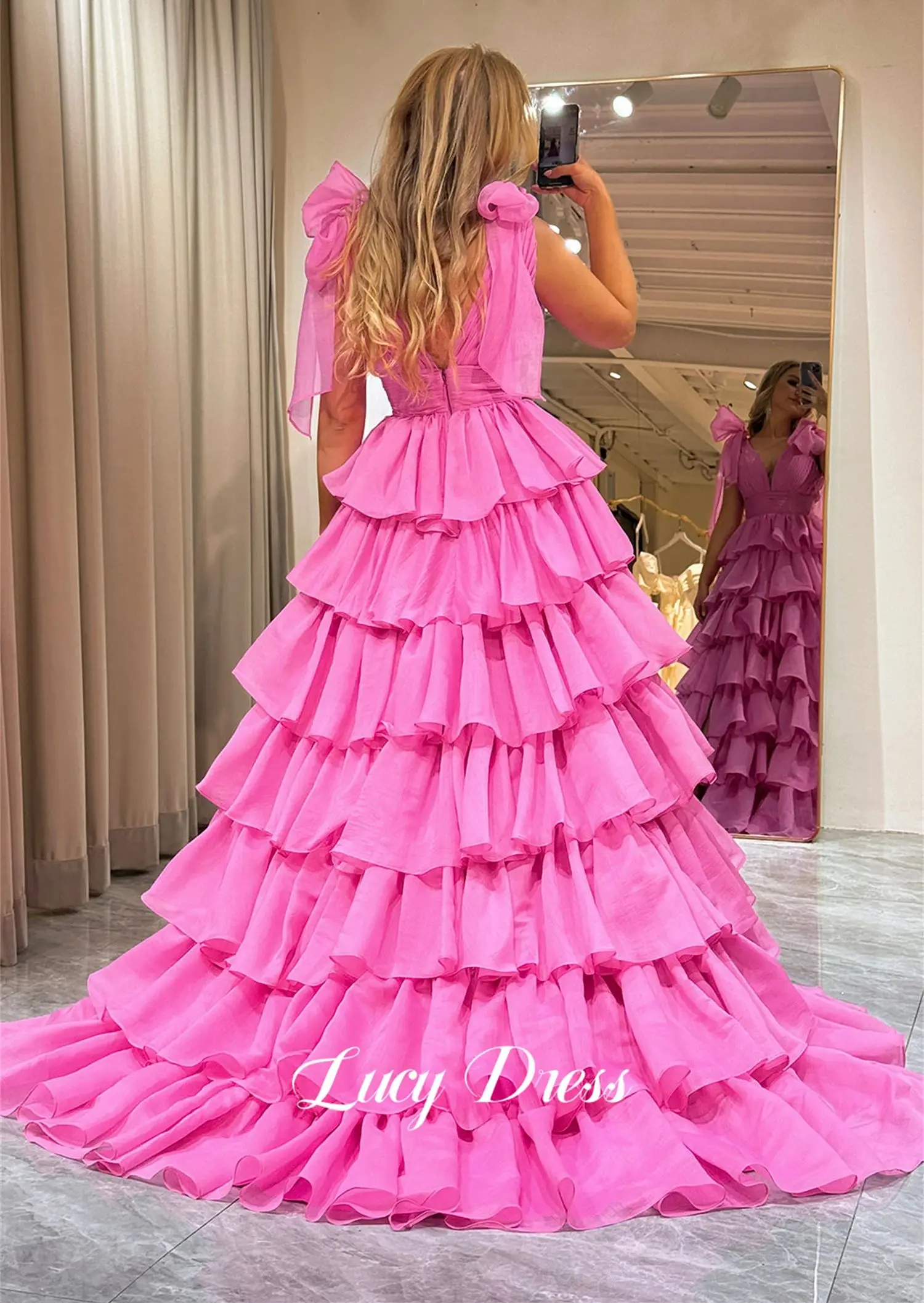 Ball Gown Layered Party Dress V-neck Graduation Hot Pink Chiffon Line A Sharon Happy Luxury Dresses Women Evening Customized