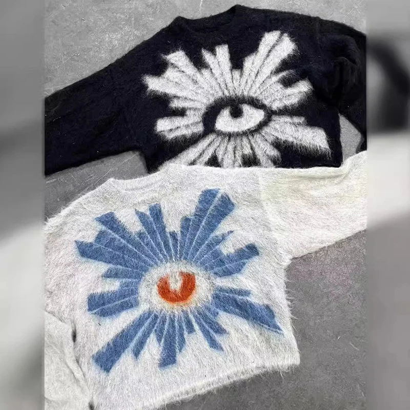 2024 dipersonalisasi mata Jacquard mewah rajutan leher bulat uniseks Hoodie longgar High Street pria Sweater