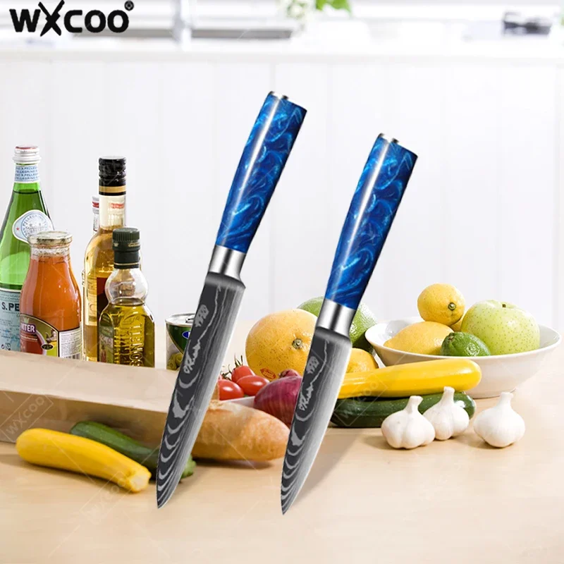 Obst Messer Damaskus Stahl Messer Professionelle Kochmesser DIY Obst Carving Messer Hause Fleisch Schneiden Messer Blau Harz Griff