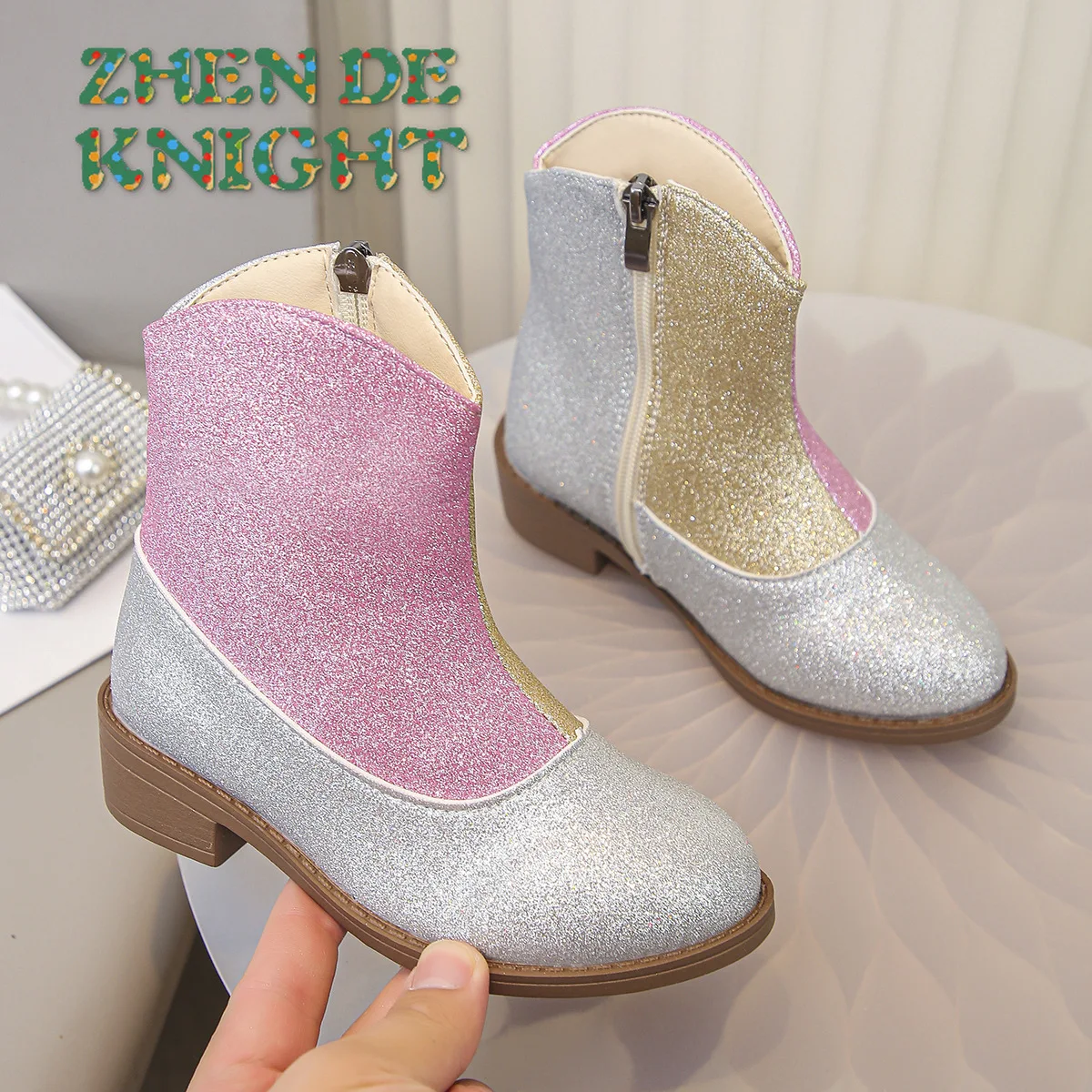 

Блестящие ботинки с цветными блоками для девочек, милые короткие ботильоны в стиле принцессы на молнии для детей, модная повседневная одежда