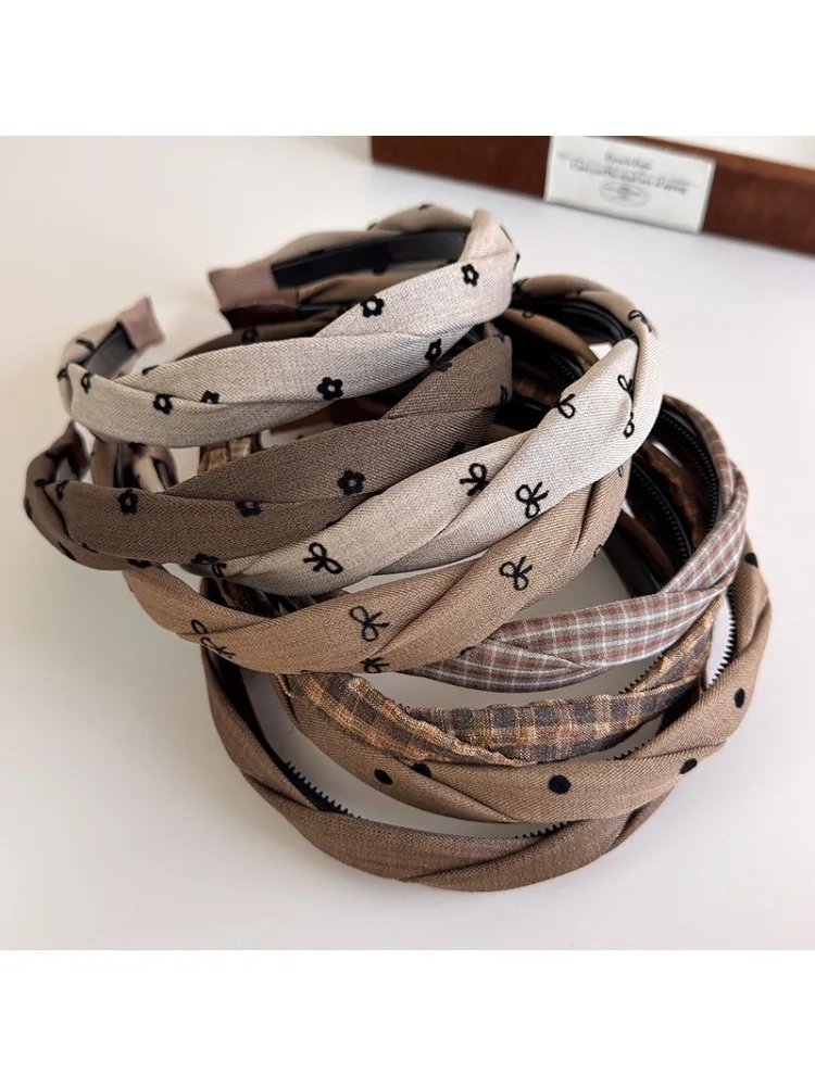 Cerceau de cheveux bandeaux pour femmes gris café Plaid bandeaux arc torsion bandes de cheveux antidérapantes bandeau filles cheveux accessoires chapeaux