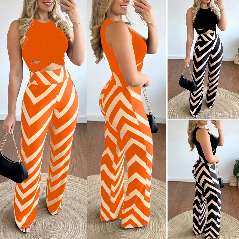 

Mia Muse Boutique, весенне-летние модные комплекты, облегающие комплекты в тонкую полоску с вырезом без рукавов и круглым вырезом, с высокой талией, полная длина