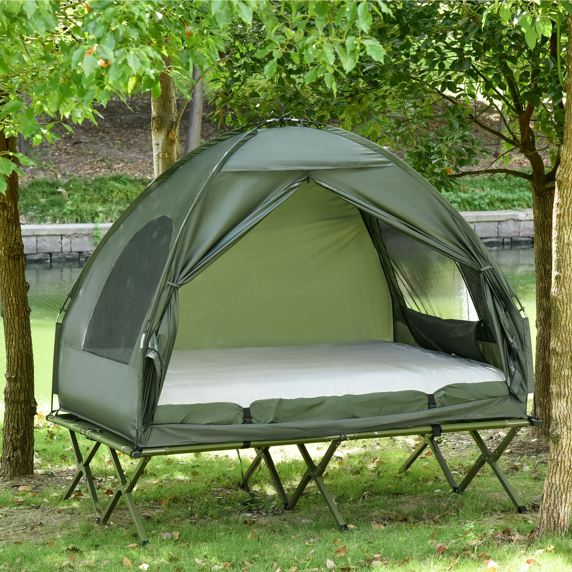 Campingbett mit Kuppelzelt und Luftmatratze, inklusive Pumpe, grün, 193 x 136 x 178 cm.