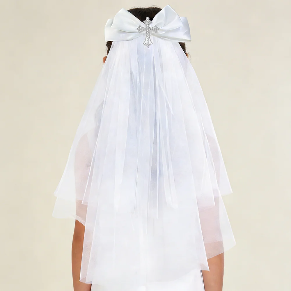 

White Bow and Cross Veil Girls First Communion Accessories Veil Headwear for Christening Dress Up Exquisite Baptism Souvenirs