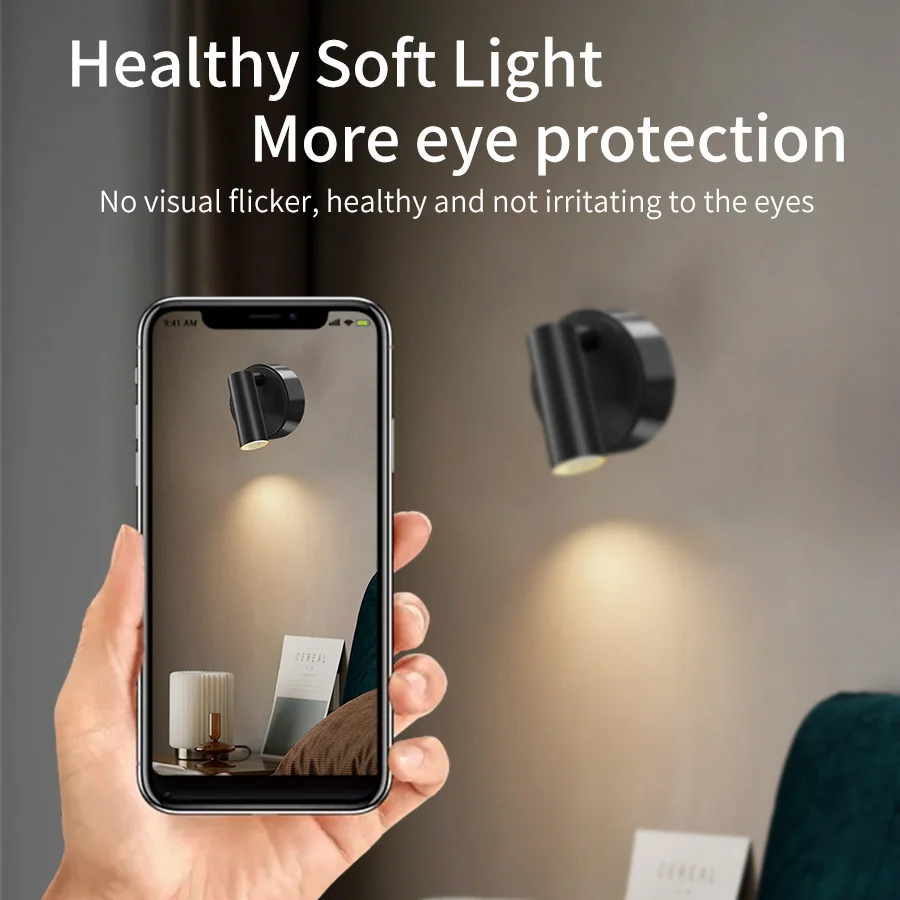 Touch Switch Rechargeable LED Spotlight Magnetic Wall Lamp No Wire 360° Rotation Dimming 3 Colors Temperature Bedroom Spot Light