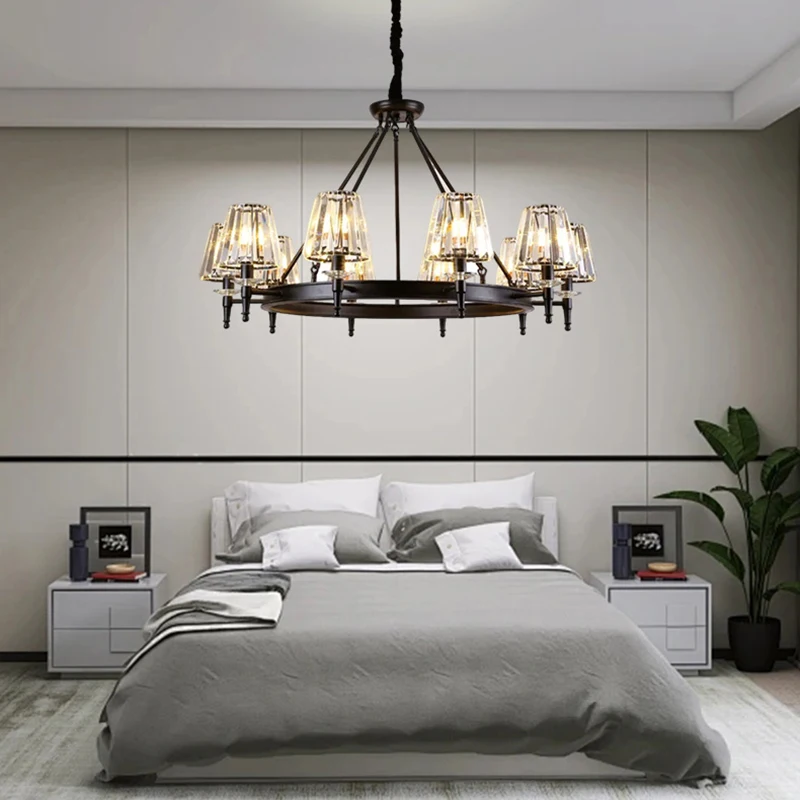 Retro Matte Black Round Metal Led Chandelier Lustre K9 Crystal Shades Pendant Lights Lighting Hanging Lamps Room Decor Fixtures