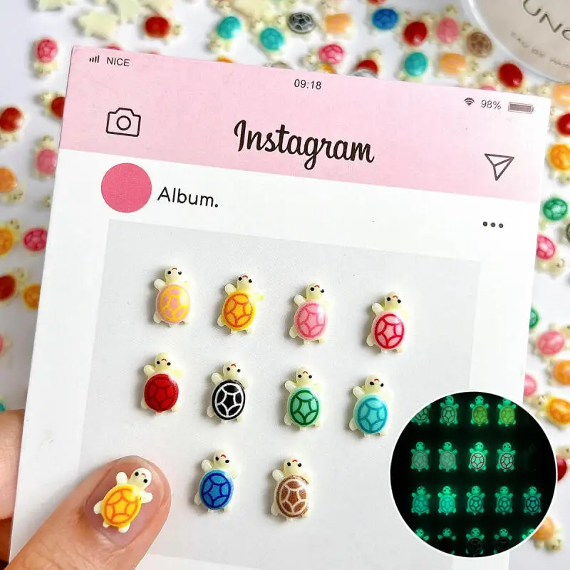 30Pcs Cute Solid Color Turtle Resin Nail Charms 3D Cartoon Smiley Luminous Turtle Nail Art Decorations for DIY Hairpin Manicure