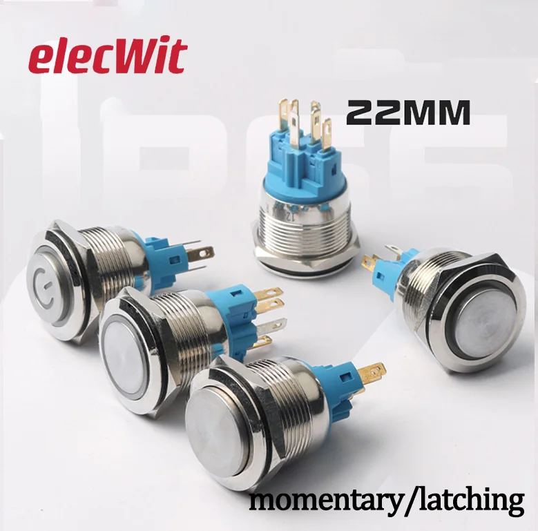 22mm  Ring Power Supply Metal Button Switch With LED 6-pin Self Reset Self-locking No Light 4-pin High Head Flat Head