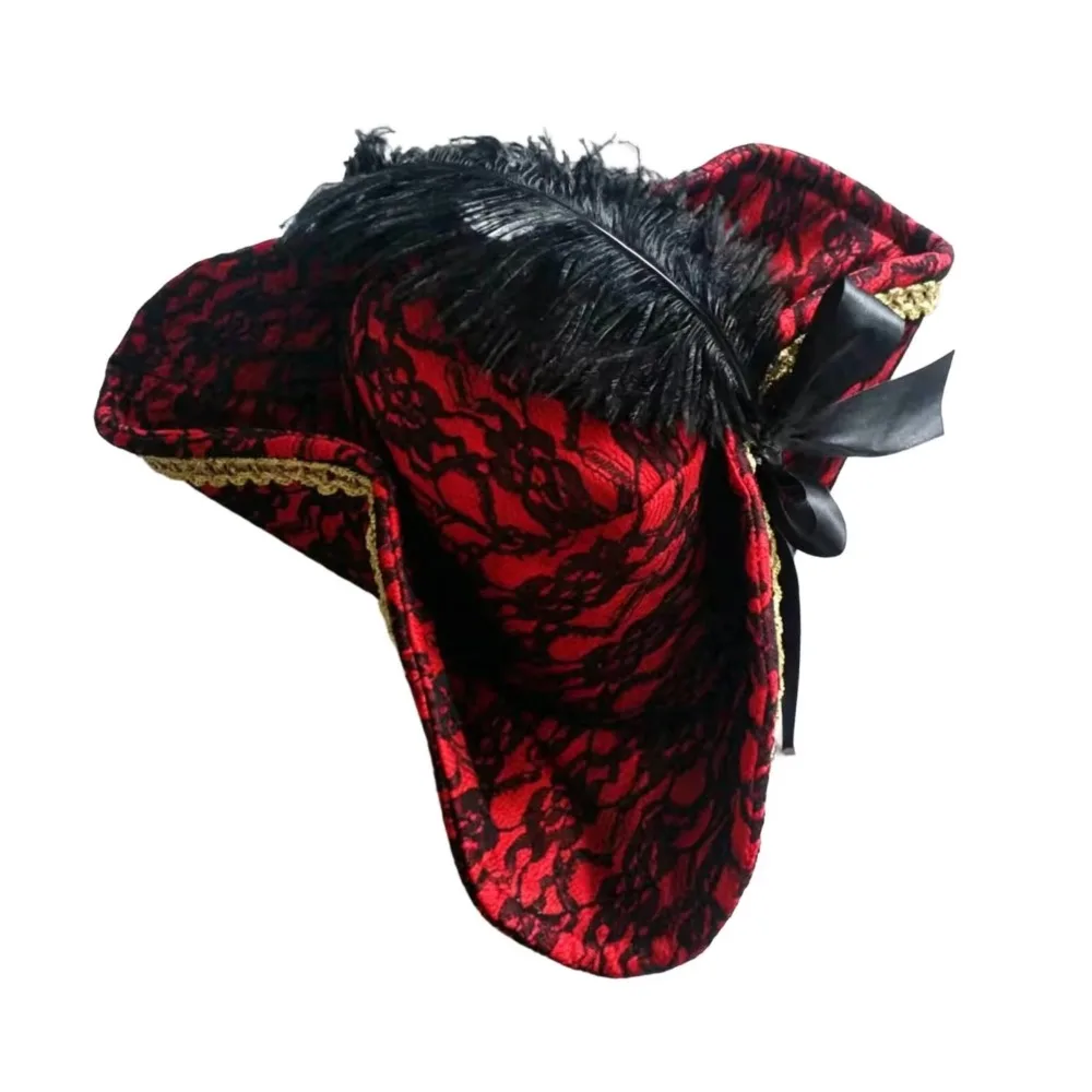 Satin Triangle Pirate Hat Feather Decors Head Ornament Party Decoration Hat Lace Trim Dress Up Halloween Costume Hat