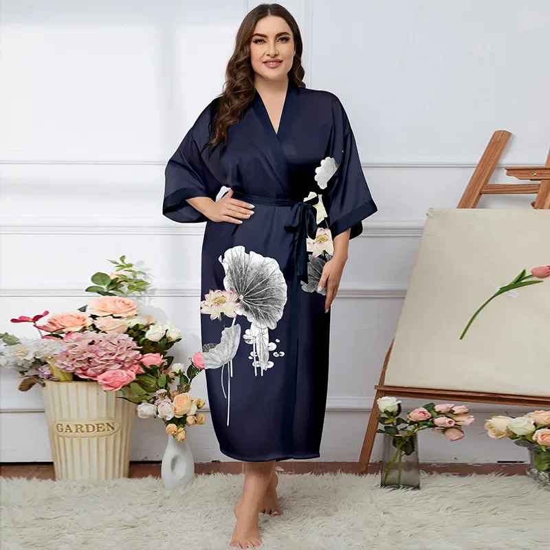 صيف جديد طباعة زهرة كيمونو رداء الساتان ملابس منزلية غير رسمية الملابس الداخلية الحميمة النساء الأخضر طويل ثوب النوم ثوب الحمام