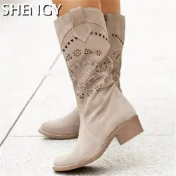 2022 Suede Women Boots Vintage Flower Hollow Zipper Female Shoes Low Heel Pointed Toe Lady Mid-Calf Booties Autumn Winter Botas