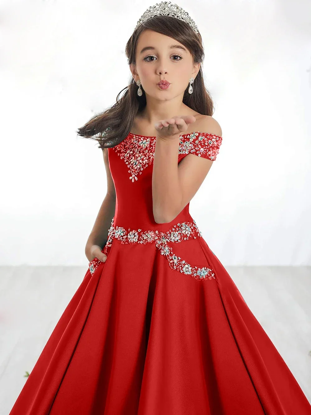 

Customized Satin Beaded Pageant Dress With Pockets Off Shoulder Flower Girls Dress Long A-Line Kids Birthday Party Ball Gowns