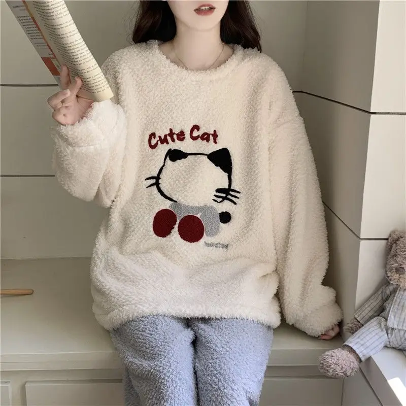 

2025 Winter Long Sleeve Cute Cartoon Thick Warm Flannel Pajama Sets for Women Korean Coral Velvet Sleepwear Pijama Mujer Clothes
