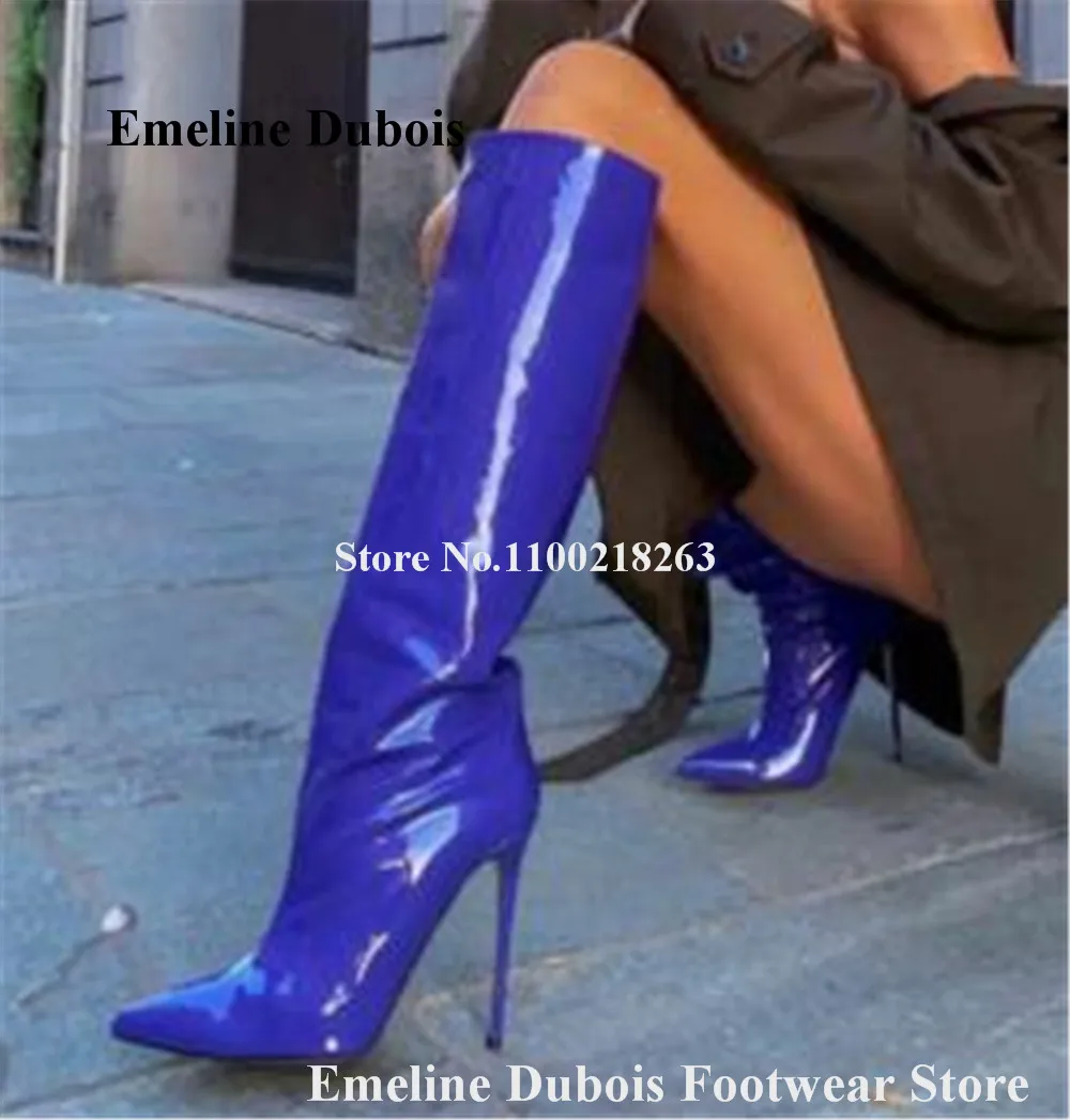 Blue Knee High Boots Emeline Dubois Sexy Pointed Toe Patent Leather Stiletto Heel Long BootsSexy Shining High Heel Party Boots