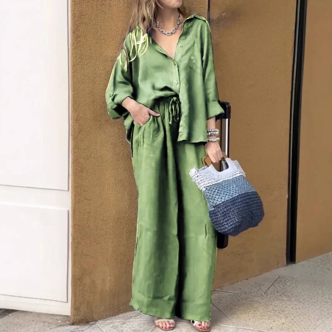 

2025 Женская винтажная рубашка, комплект из 2 предметов, шикарная блузка с лацканами и длинными рукавами, топ, свободные прямые брюки, костюм, модная уличная одежда, наряды