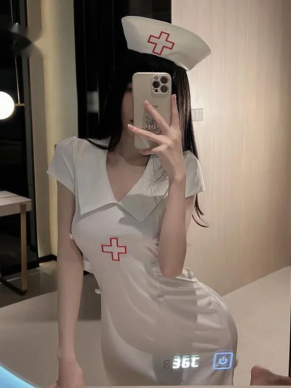 Soft Girl Sexy Loose Split Fork Nurse Professional Dress Solid Color Trendy Clothes JK Uniform Korean Style Summer 2024 New PHGT