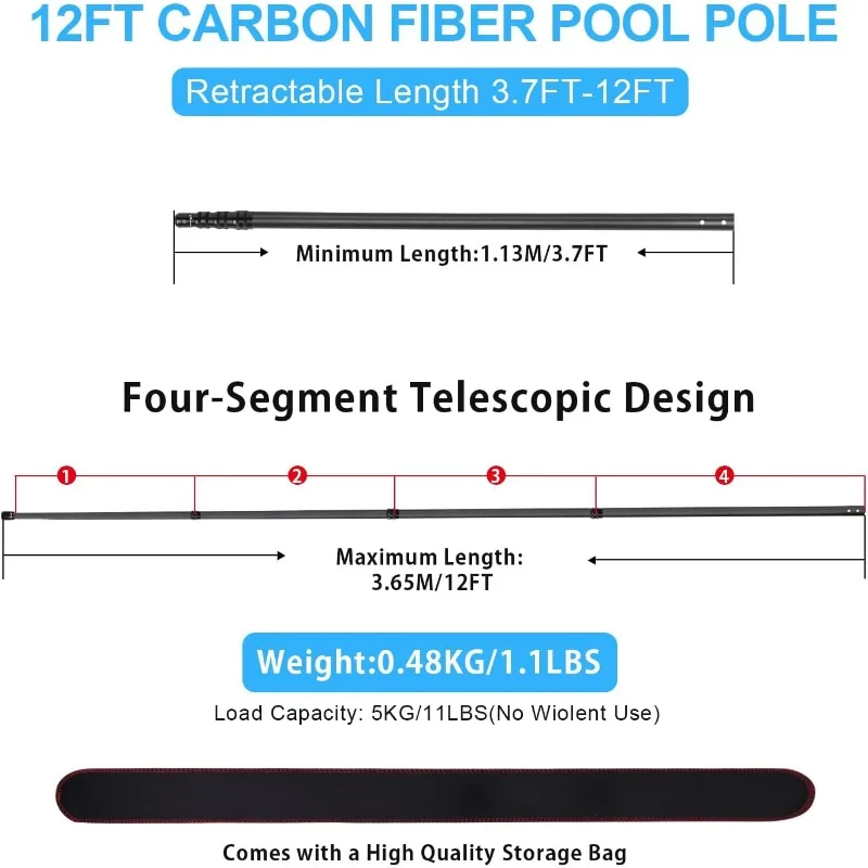 Carbon Fiber Pool Pole, 12 Foot Telescoping Swimming Pool Cleaning Pole Telescopic Pool Pole 3.7 to 12 FT Professional Poles