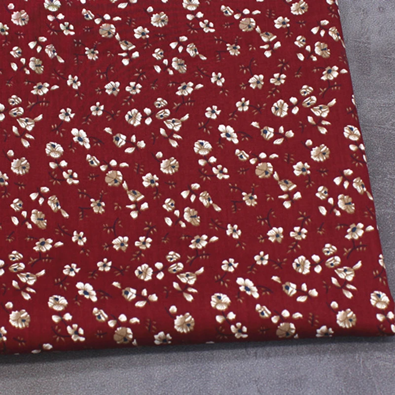 Vintage Floral Printed Fabric Dark Cotton Poplin Nave Red for Sewing Dresses DIY Handmade by Half Meter