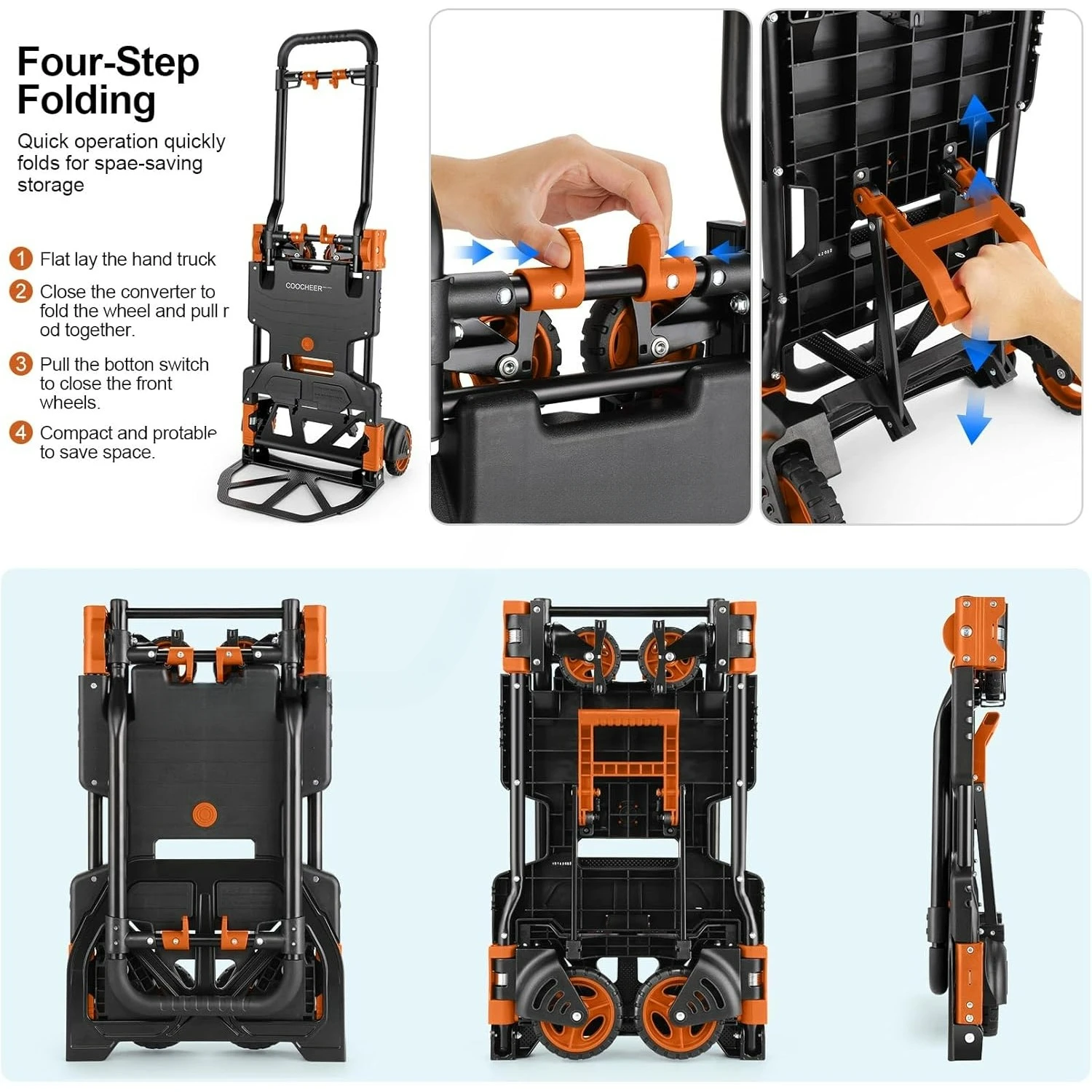 330 رطل شاحنة يدوية قابلة للطي دوللي متحركة، شاحنات يدوية مجموعة شديدة التحمل مكونة من 4 عجلات وعجلتين عربة دوللي قابلة للتحويل (برتقالي) #4