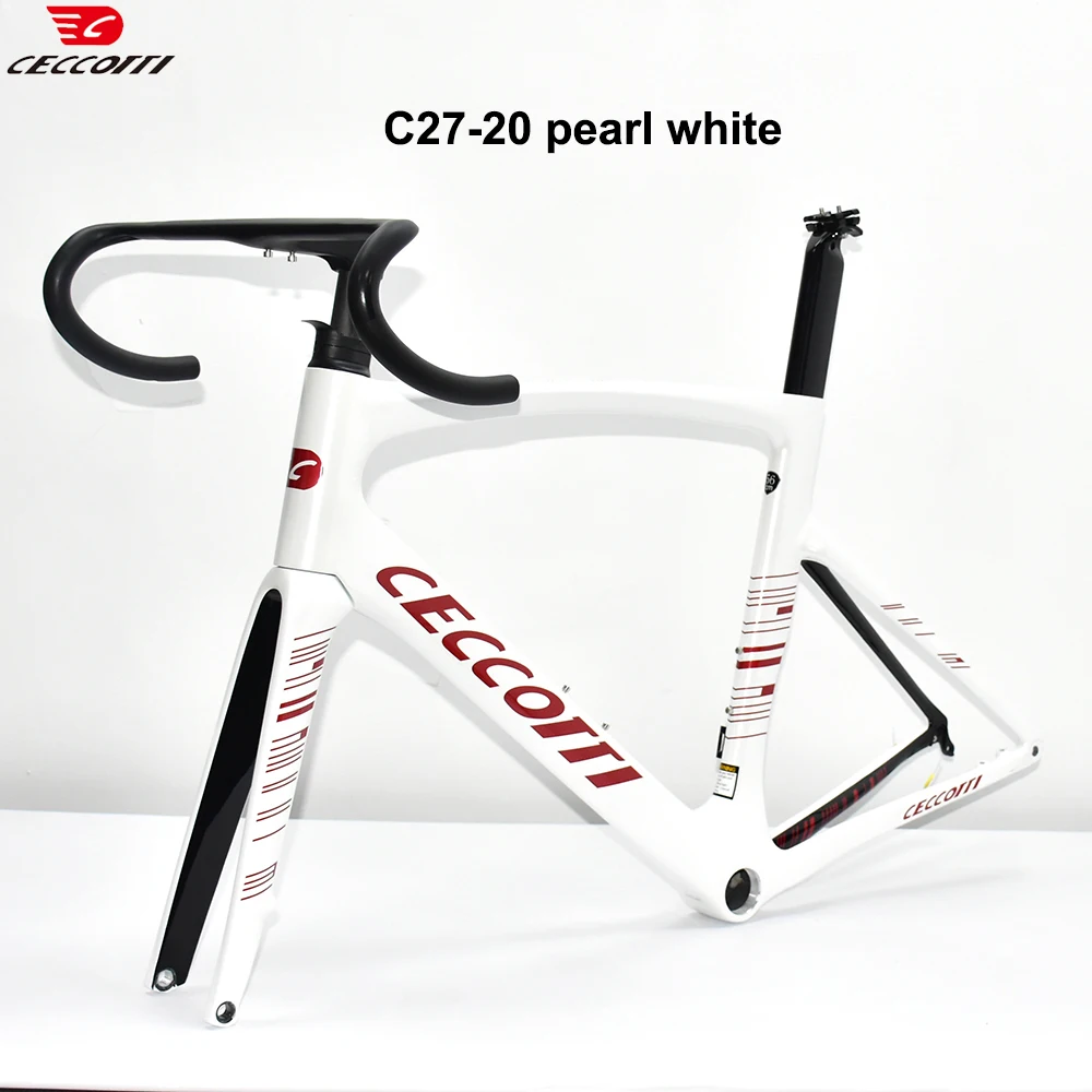 CECCOTTI Pearl White Series Full Hidden Cable Bike Frame with Handlebar, Disc Brake And T47BB Carbon Frame