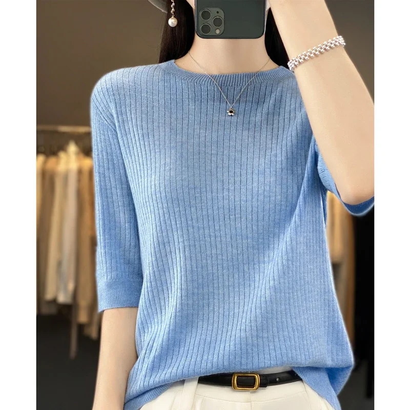 

Women Spring Autumn Fine Wool Sweater O-neck Vertical Stripes Half Sleeve Pullover Female Casual Knitted Bottoming Top Z167