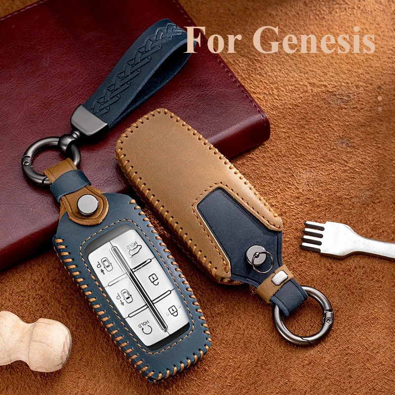 

Handmade Genuine Leather Car Fob Key Case Holder Cover Protector Shell Bag KeyChain For Genesis GV70 G80 GV80 G90