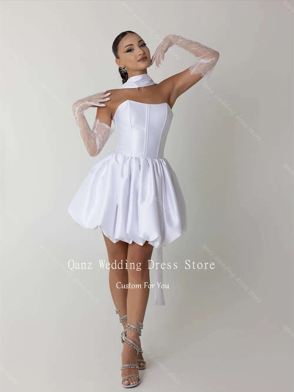 Qanz Civil Weiß Mini Hochzeit Party Kleider Satin Backless Sexy Brautkleider Puffy Kurze Frauen Robe De Mariée Angepasst