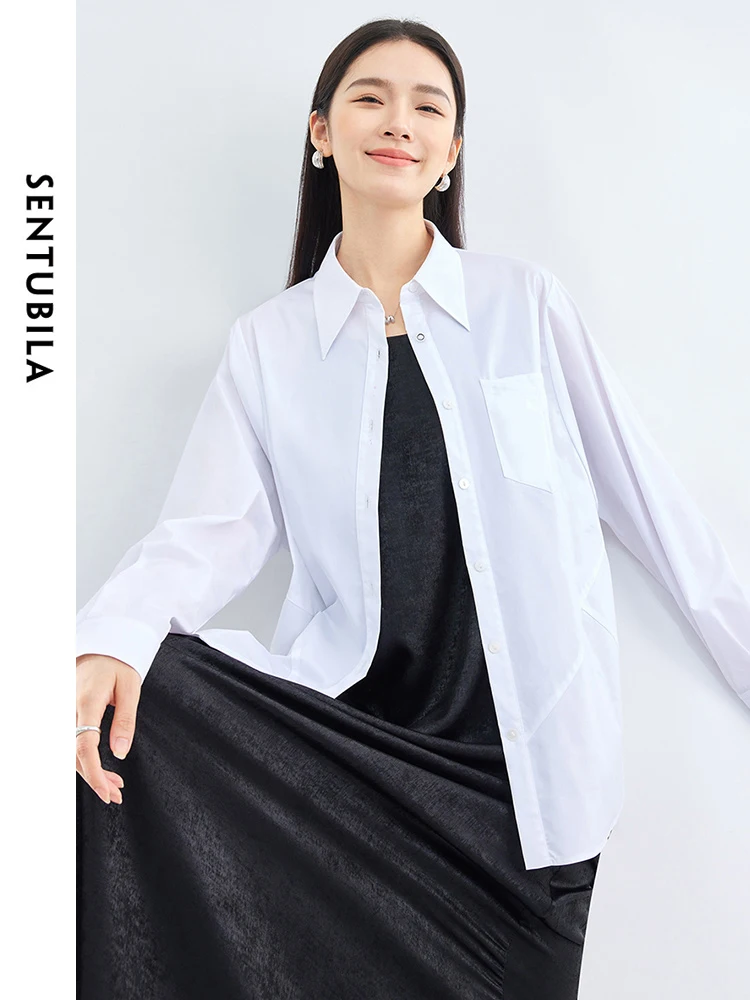 SENTUBILA Spring Lapel Cotton Blend White Shirt 2024 Simple Button Up Straight Loose Women Blouse Long Sleeve Tops 141C53053