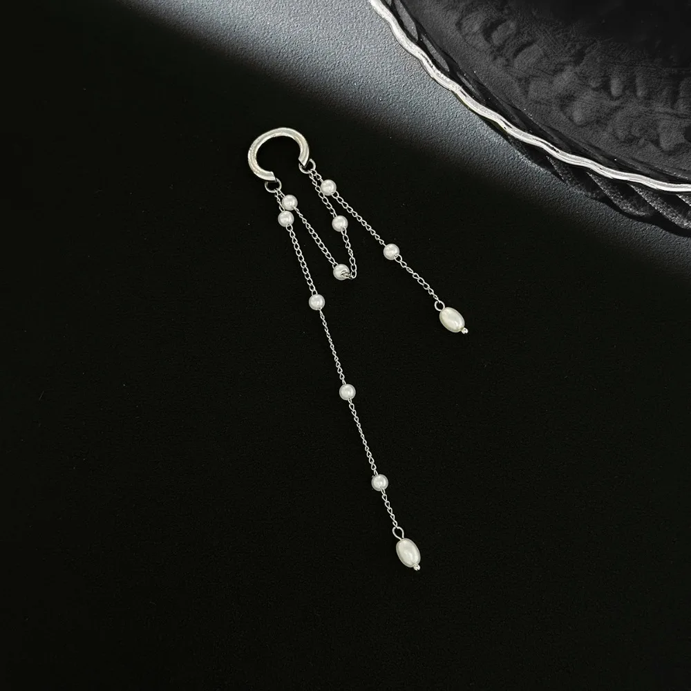 Korean Temperament Imitation Pearl Metal Chain Long Tassel C - Shaped No Ear Holes Earbone Clip for Women Clip Earrings Jewelry image 4