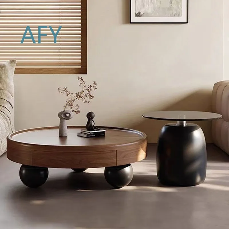 Vintage Round Coffee Table Set for Living Room Home Italian Style Solid Wood Small Space High End Creative Side Table for