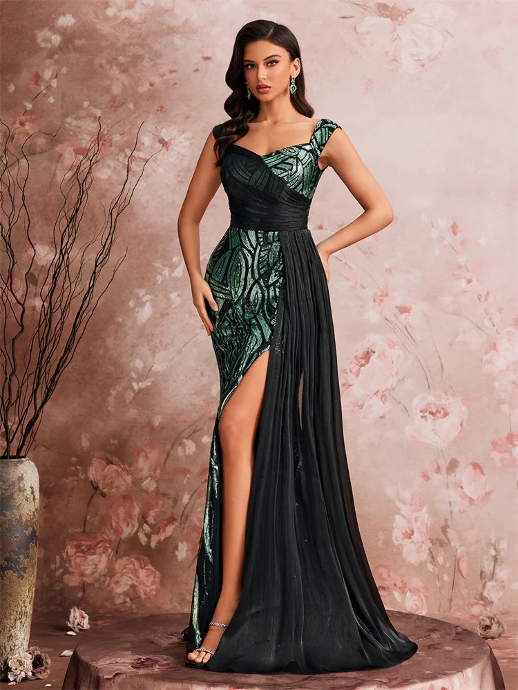 

XUIBOL Elegant V-neck Splice Sequins Slit Evening Dresses Women Sleeveless Mermaid Formal Luxury Party Streamer Cocktail Gowns