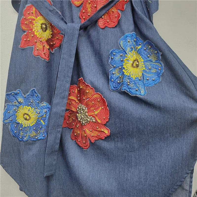 ANJY 2025 Autumn New Women's Denim Dress Loose V-neck Heavy Embroidered Flares Appliques Chic Fashionable Elegant Dresses A13911