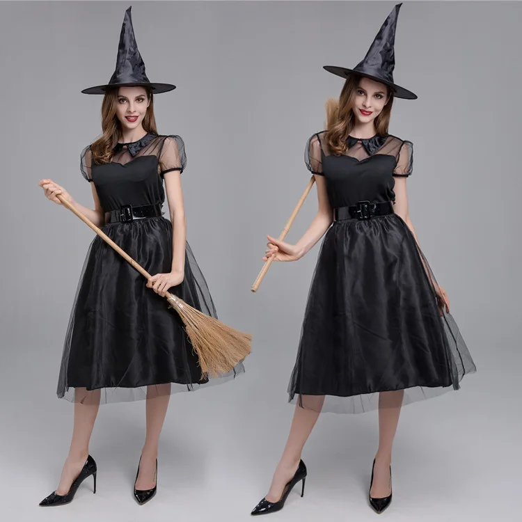 زي ساحرة أسود مثير شبكي مفرغ لحفلات الهالوين وعروض الأداء التنكري للنساء وعروض المسرح والزي التقليدي العرقي