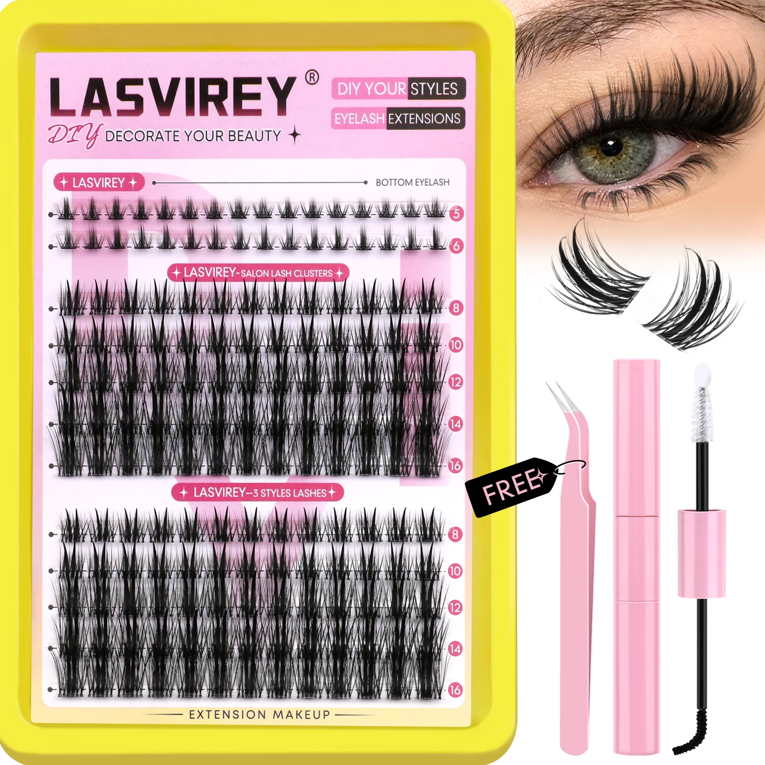Lasvirey Lash Clusters Kit Natuurlijke Wimpers Extension Set Gemengde Manga Wimpers Met Onderwimpers Clear Stem DIY Individuele Wimper