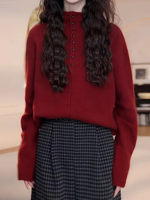 

Красный свободный вязаный свитер с высоким воротником и длинными рукавами для похудения, осенне-зимняя новинка, модный базовый топ для женщин