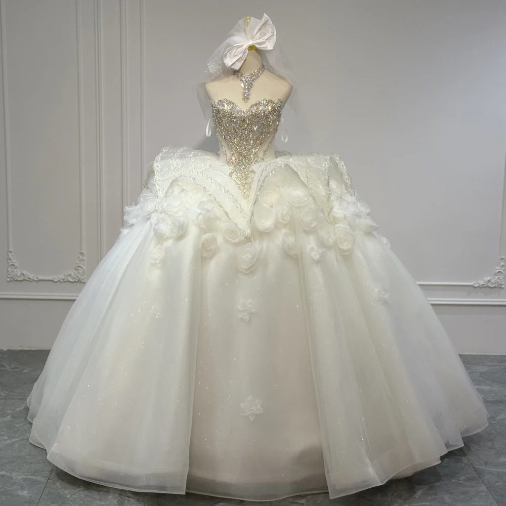 Rhinestone Wedding Bridal Dress Beading Crystal 3D Flower Sweetheart Sleeveless Lace Up Back Ball Gown For Brides