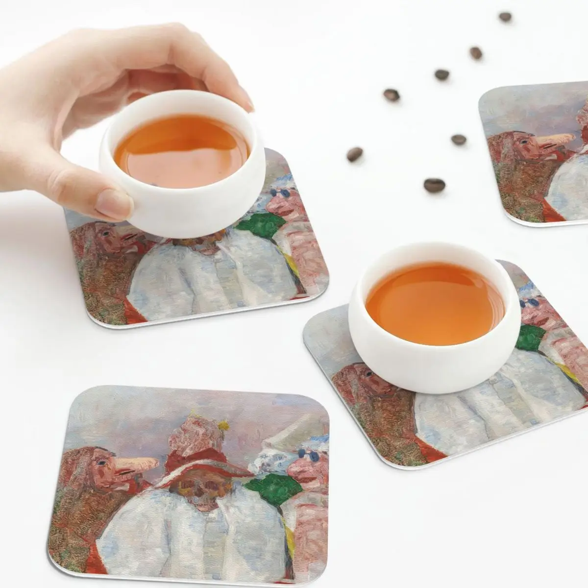 

Джеймс Эндзор, знаменитые картины, 1 подставка, кожаные салфетки, нескользящие изоляционные кофейные коврики для дома, кухни, обеденные подушечки, набор из 4 шт.