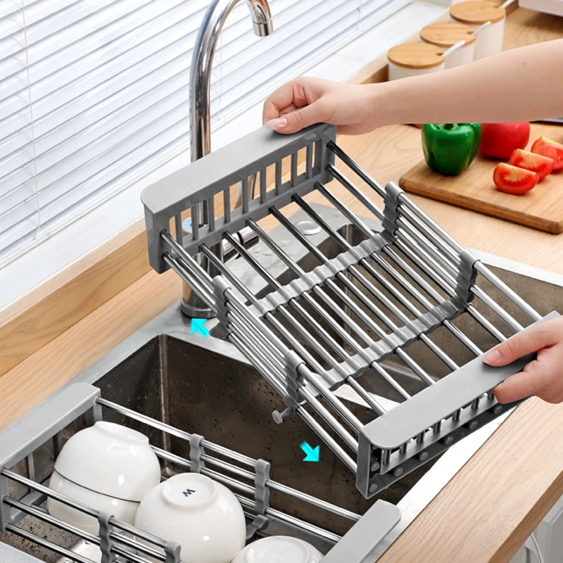 Adjustable Stainless Steel Dish Drainer with Drainage Function and Extendable Sink Rack for Organized Kitchen Tools and Utensils