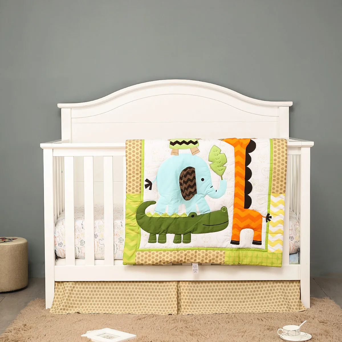 3Pcs Jungle theme Baby Cot Bedding Set baby boy nursery bedding set kit berço pra bebê (Baby Comforter Fitted Sheet Crib Skirt)