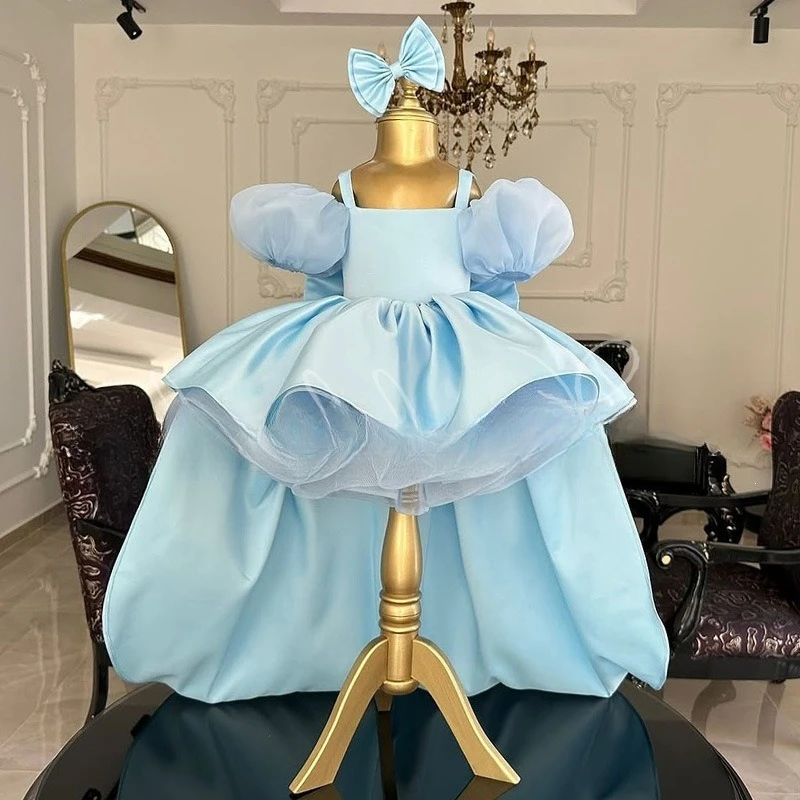 Children Princess Elegant Blue Puff Sleeve Satin Tutu Dress Kids Formal Birthday Party Banquet Flower Girl Wedding Gown Costume