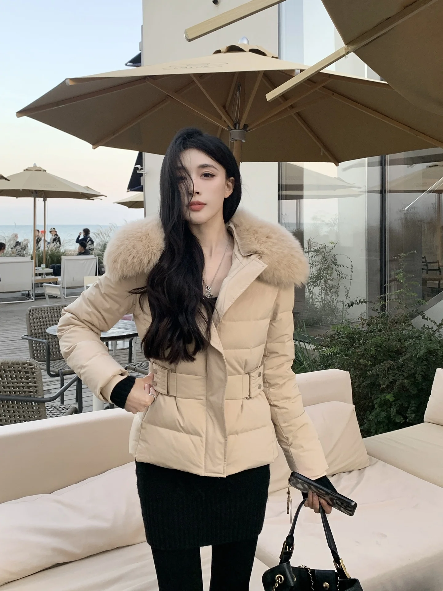 

Chenxi He Gentle White Fur Collar down Jaet Women's Slim Fit Winter Coat Du down Warmth Long Sve Zipper Closure