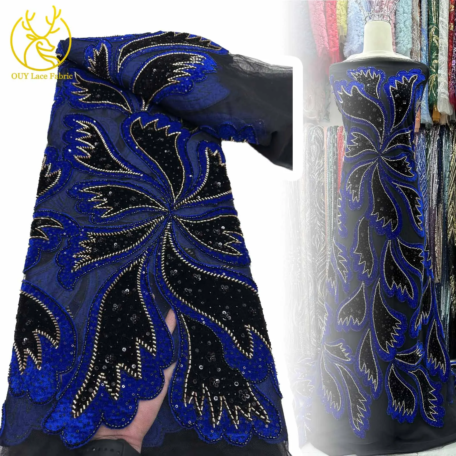 

Latest Bridal Velvet Dress Lace Fabric 2025 High Quality Ny French Geria Groom Sequins Beaded Mesh Lace Fabric Dinner Skirt