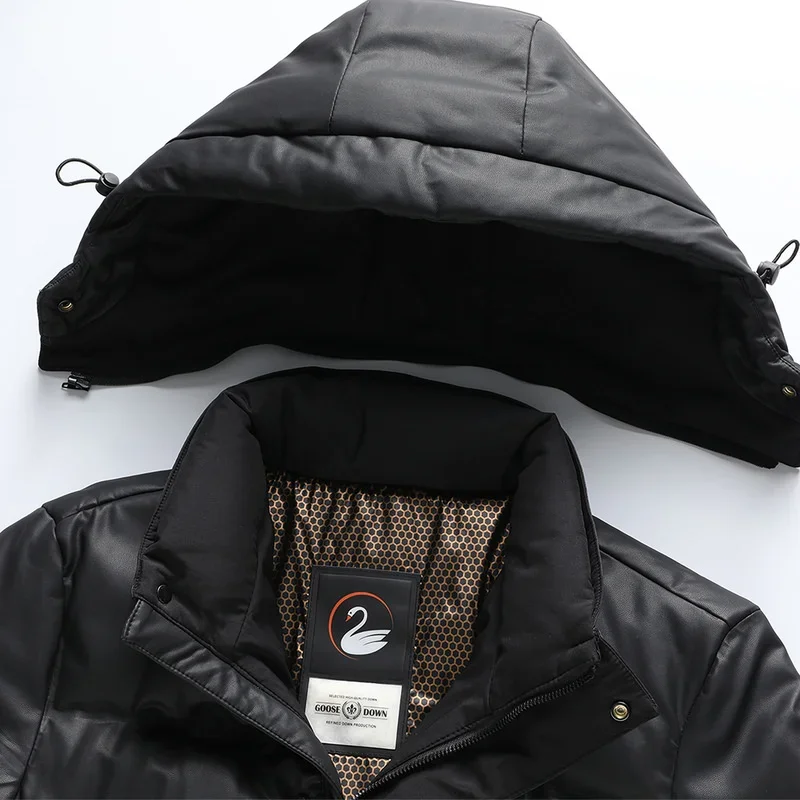 Chaqueta de plumón larga para hombre, Abrigo acolchado de cuero con relleno de ganso, ropa de diseño, invierno, 2024