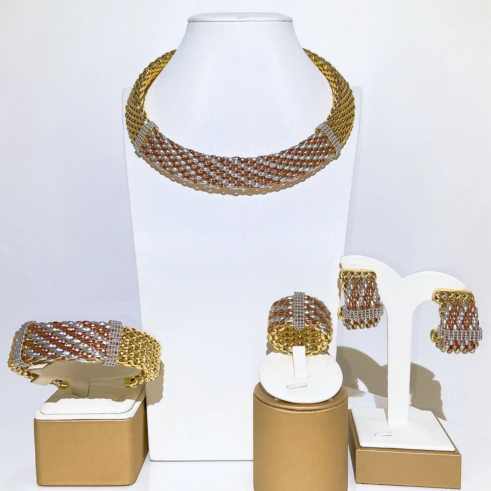 Trendy Twisted Braided 3‑Tone Brazil Gold Jewelry Set Necklace Bracelet Ring Earrings Women Statement Party Jewellery