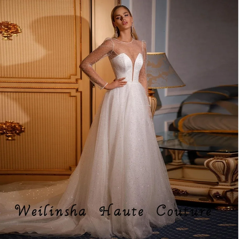 

Sparkle Wedding Dresses Customized Full Sleeve V Neck Glitter Bridal Gowns Sweep Train Sequined Women Bridal Dress 2025