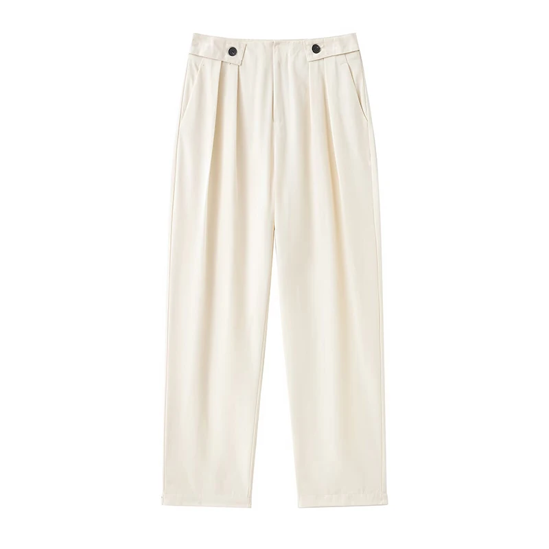 Willshela سراويل نسائية عصرية باللون البيج بسحاب أمامي مطوي مستقيمة عتيقة بخصر عالٍ بطول كامل سراويل نسائية أنيقة #1