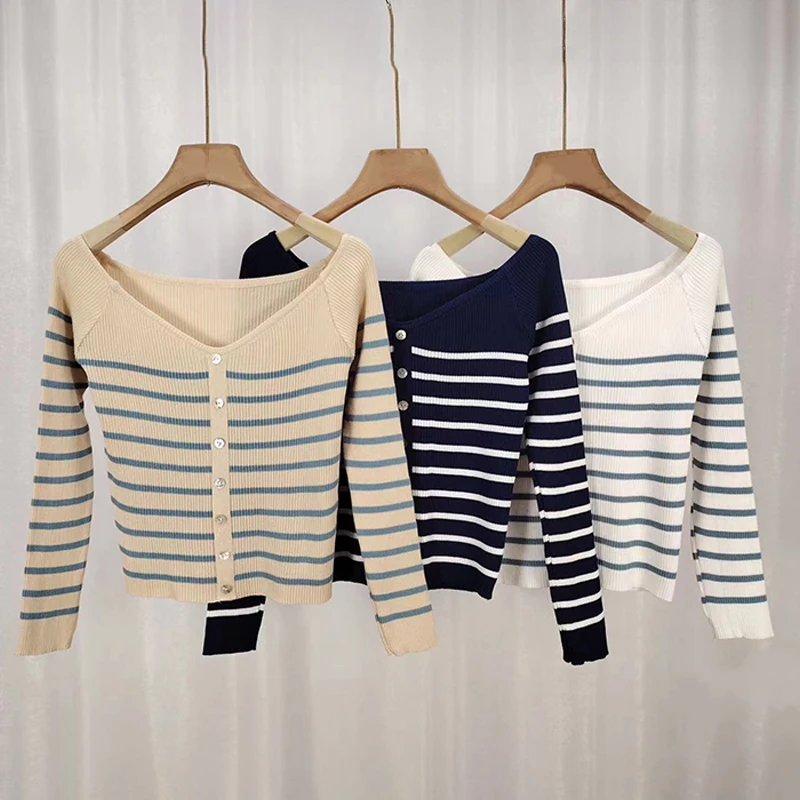 Striped Casual Sweater Women Simple Slash Neck All-match Button-up Knitted Tops