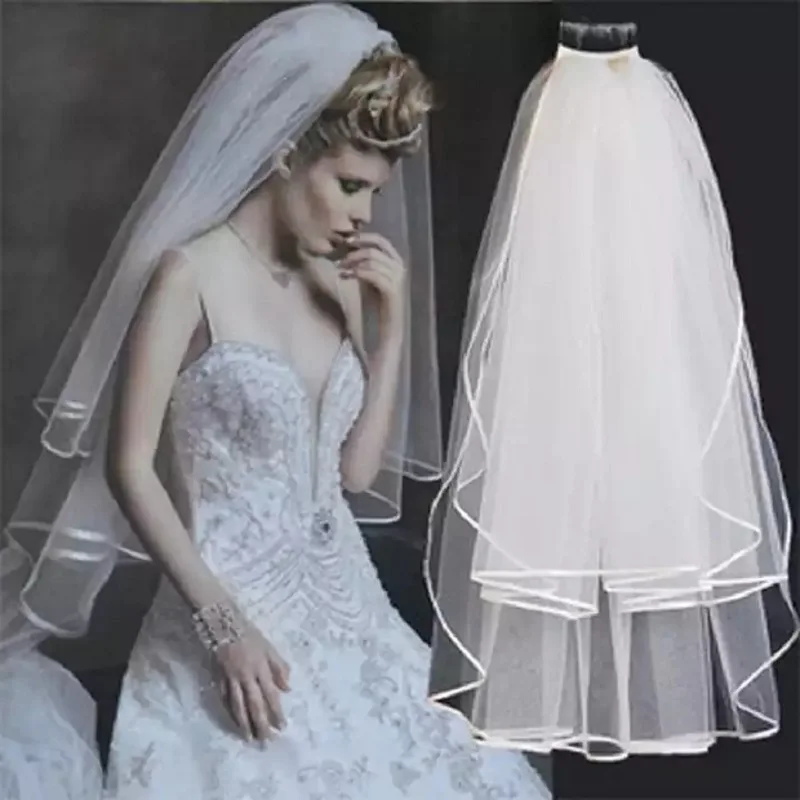 

White Double Ribbon Edge Center Cascade Bridal Wedding Veil with Comb